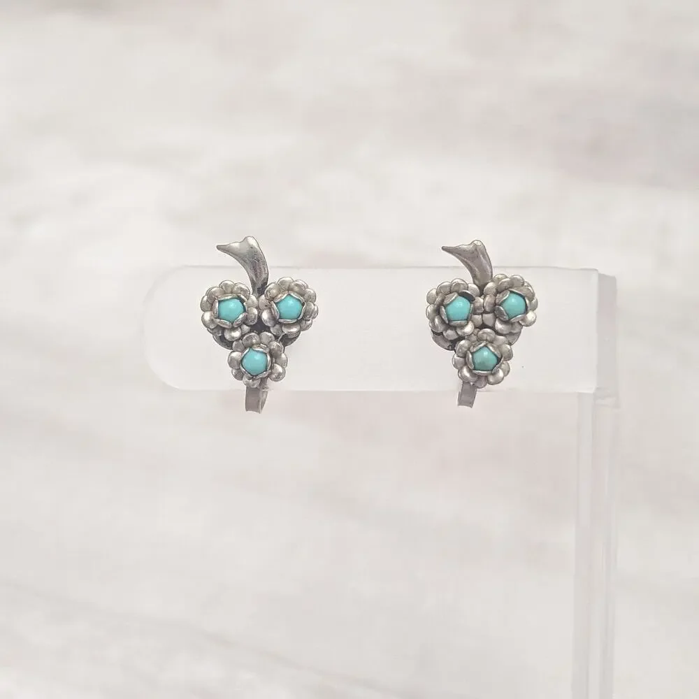 Vintage Screw On Earrings Design Silver Tone & Turquoise Tone 7/8